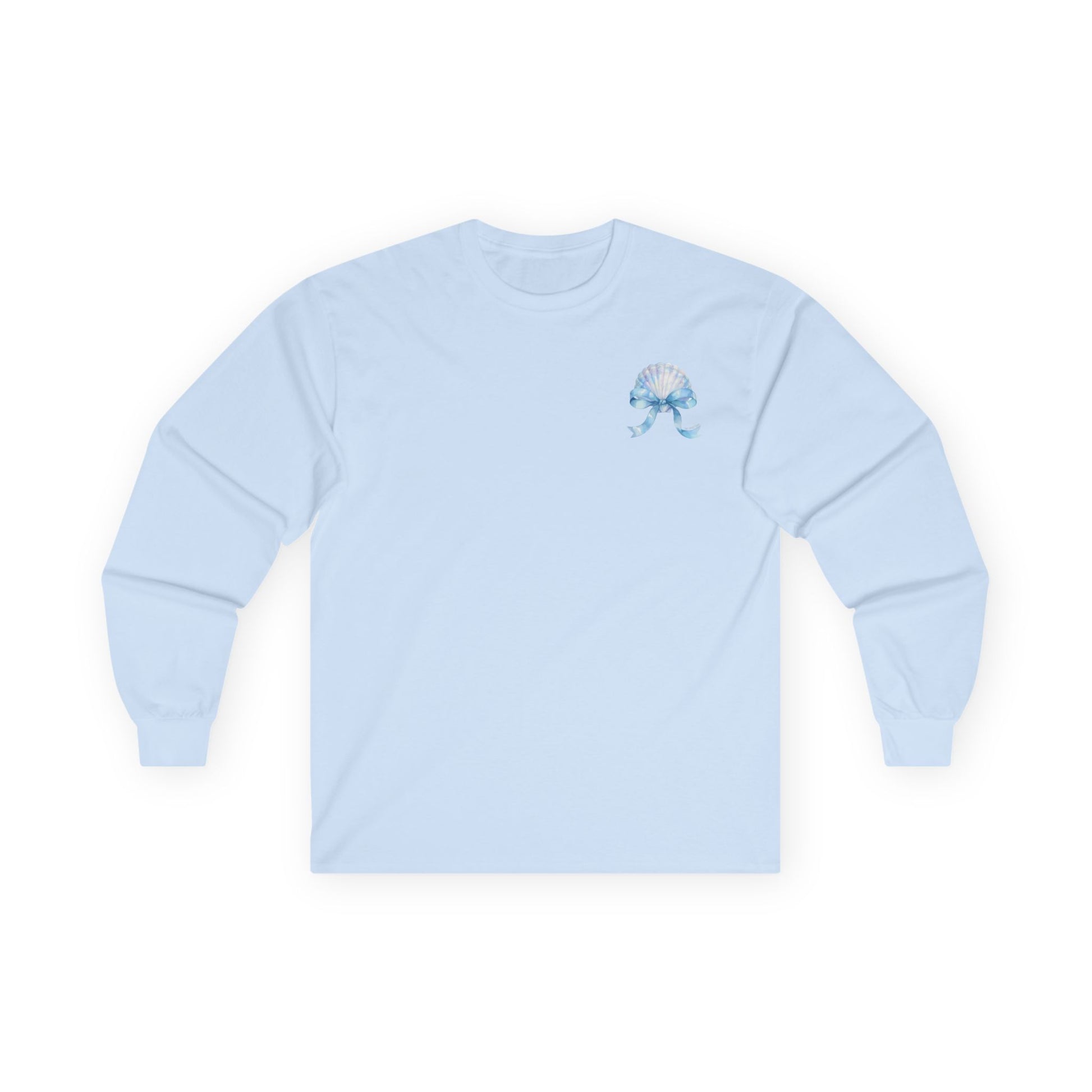 Light blue long-sleeve shirt with a small design on a white background