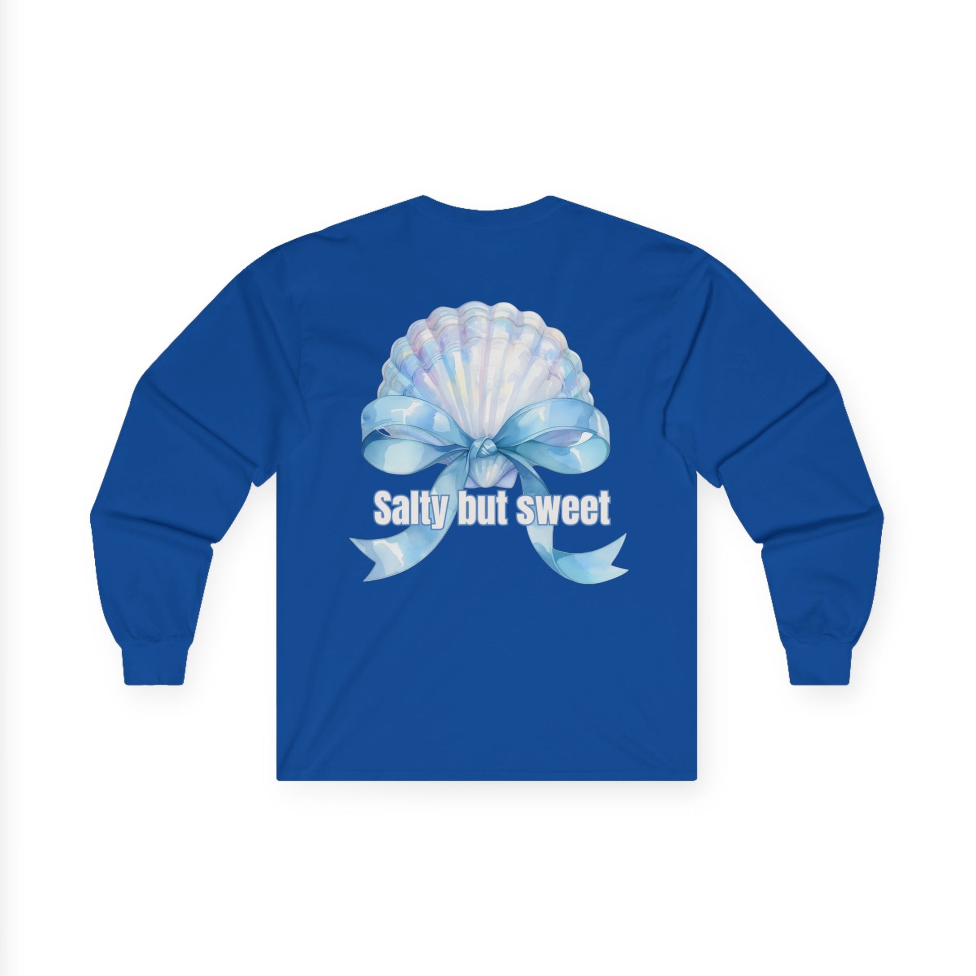 Blue long-sleeve shirt with a bow and shell design on the back, on a white background.