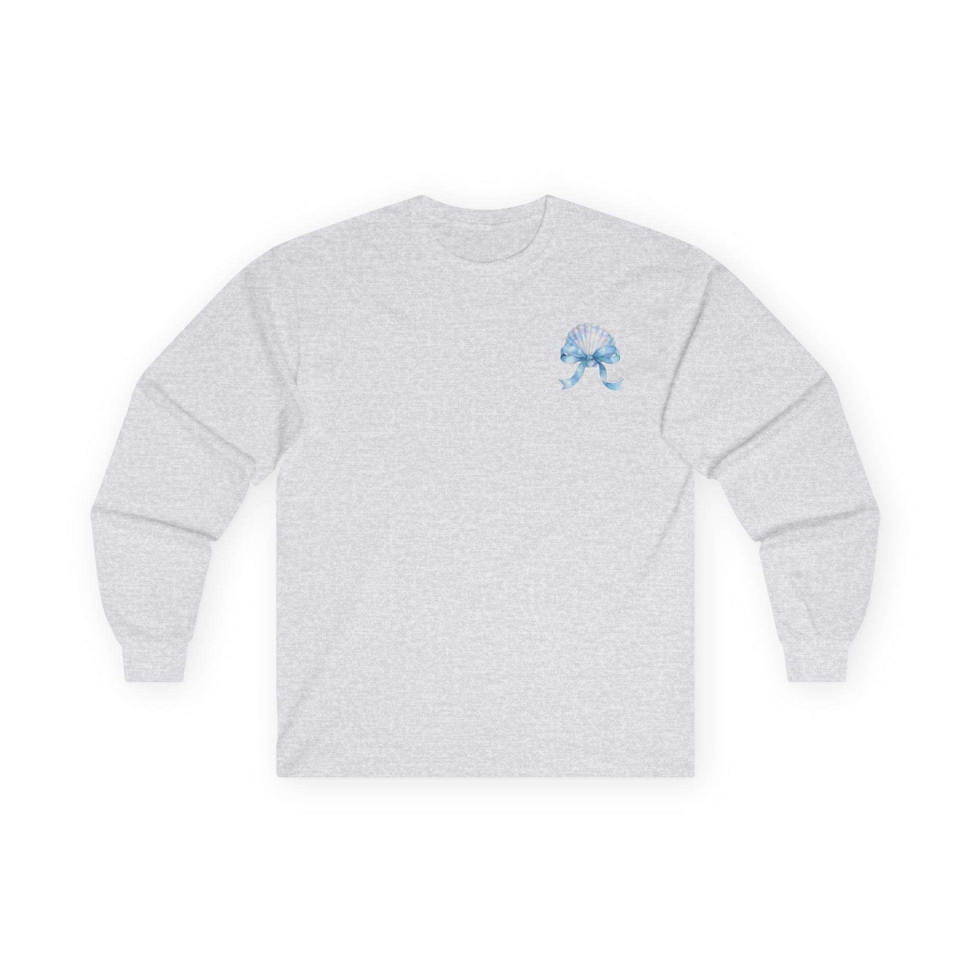 Gray sweatshirt with a blue bow design on a white background