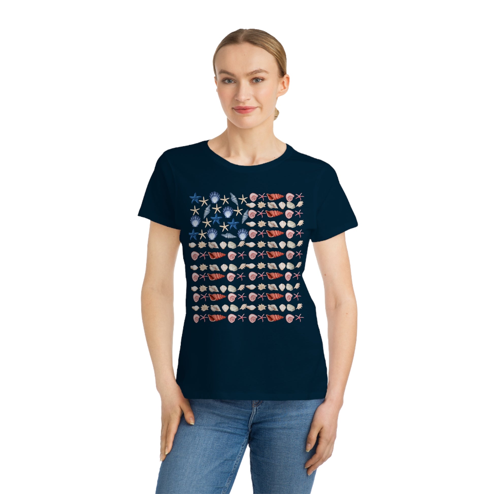 Shell Flag Patriotic Organic Women's T-Shirt - Casual, Comfortable Tee for Independence Day, Summer Parties, or Everyday Wear - The Peony Haus