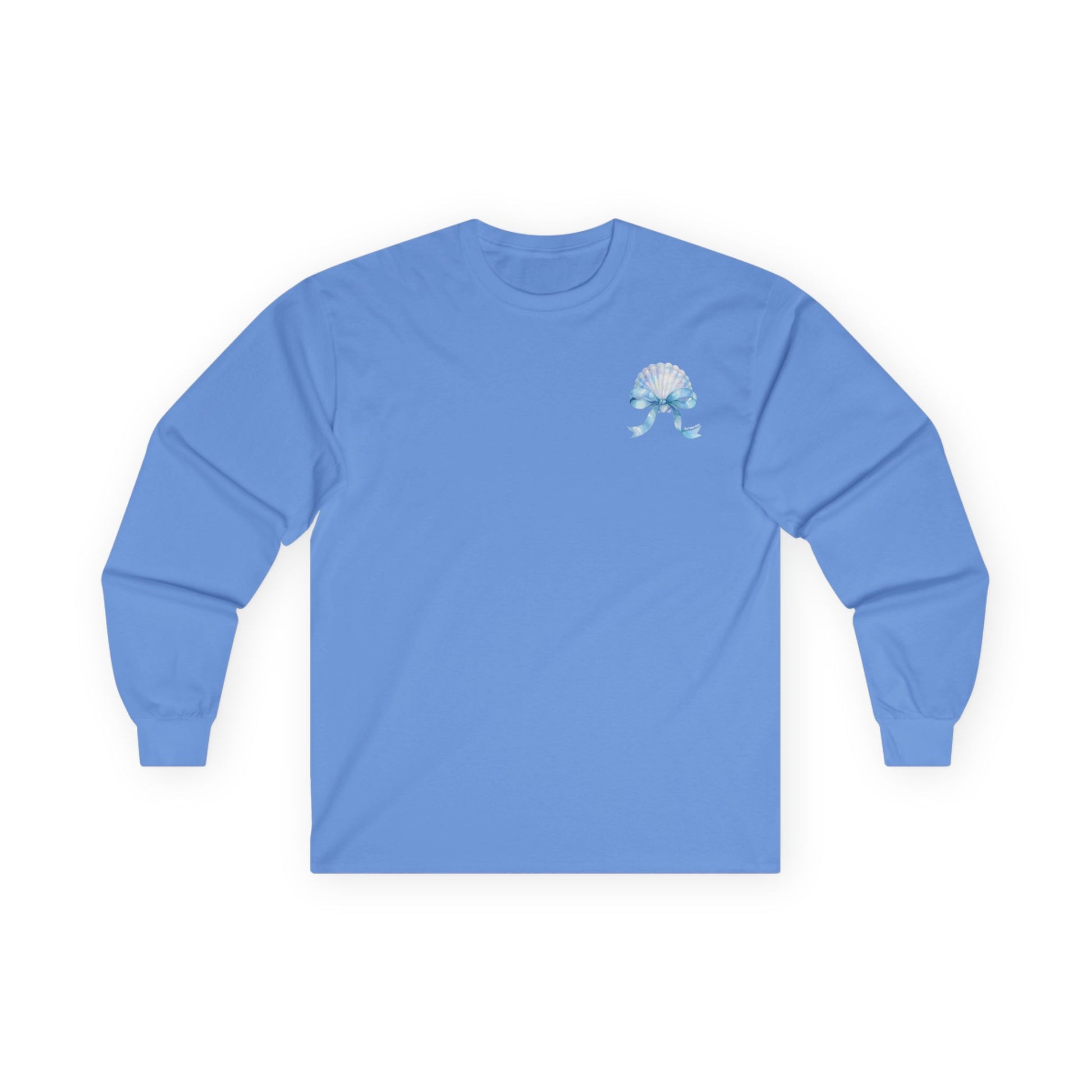 Blue long-sleeve shirt with a small graphic on a white background