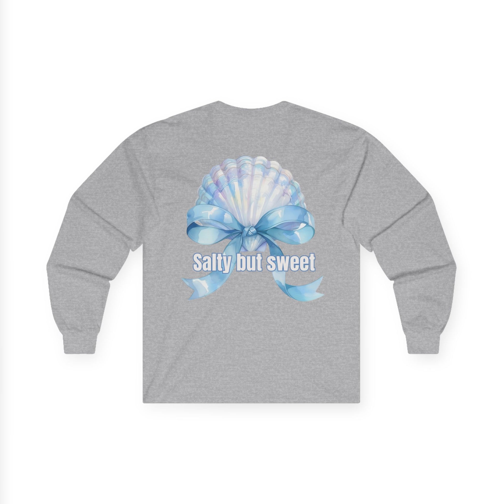 Gray long-sleeve shirt with a blue bow and shell design on the back, text 'Salty but sweet' on a white background.