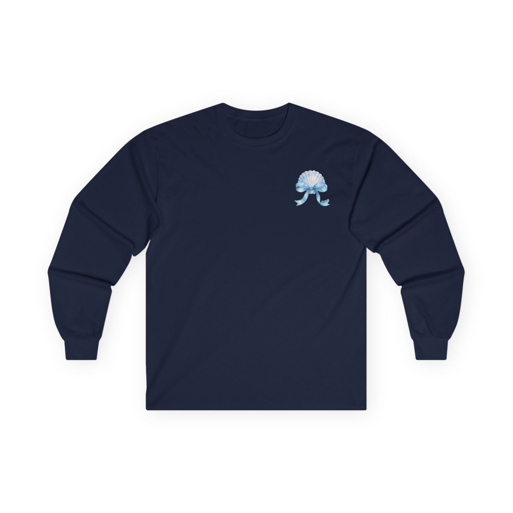 Black long-sleeve shirt with white text on a white background