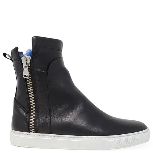 Black Leather Double Zip Shearling Boot