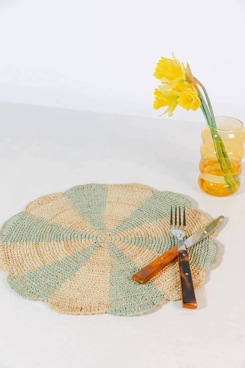 Pinwheel Blue Placemat, raffia tabletop