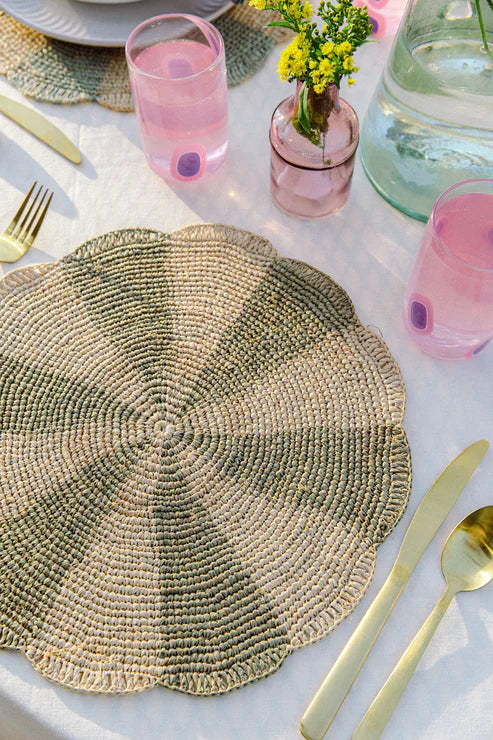 Pinwheel Olive Placemat, raffia tabletop
