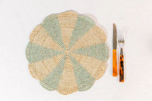 Pinwheel Blue Placemat, raffia tabletop
