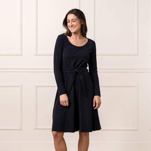 Organic Long Sleeve Tie-Waist Knit Dress - 95% Cotton