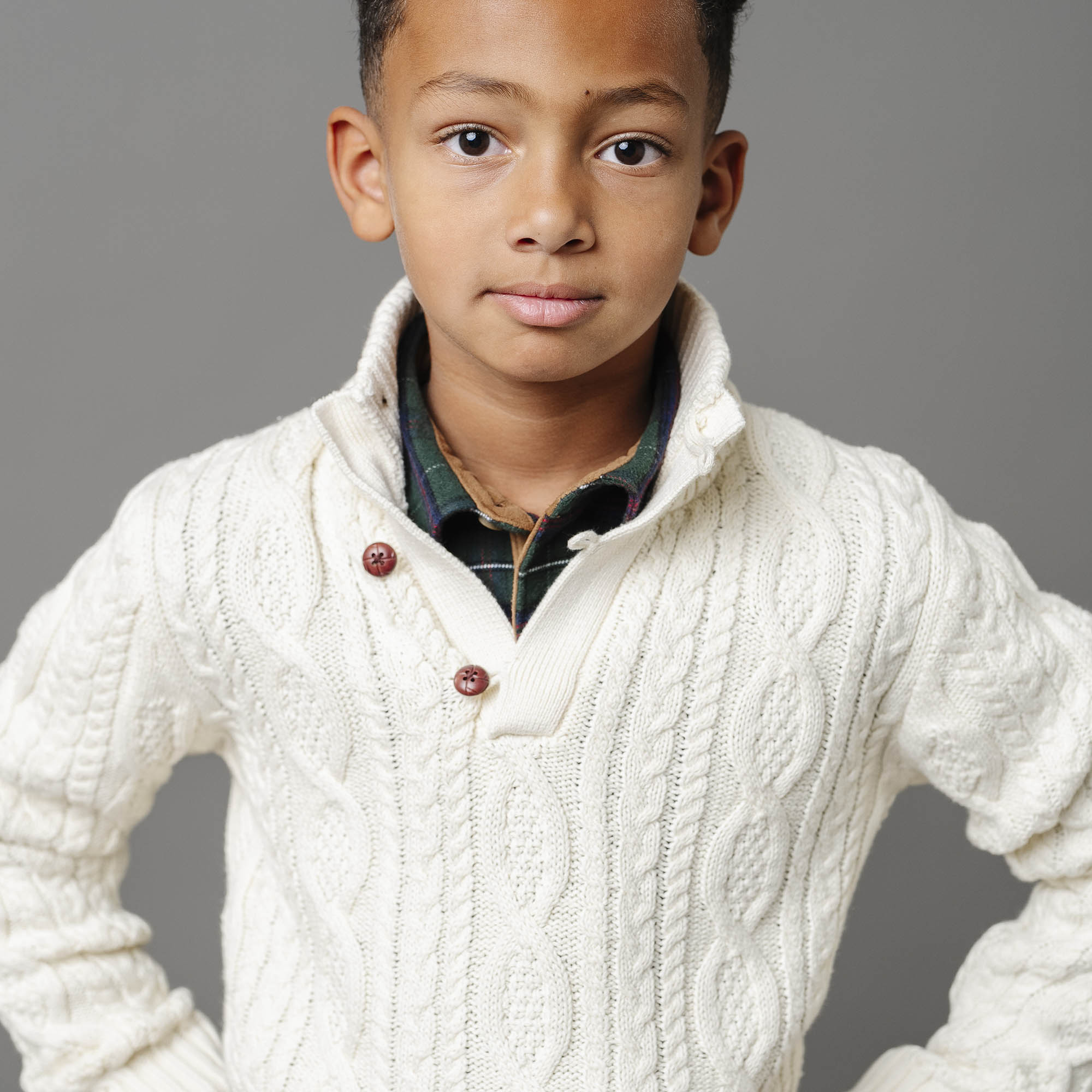 Organic Mock Neck Cable Sweater with Buttons
