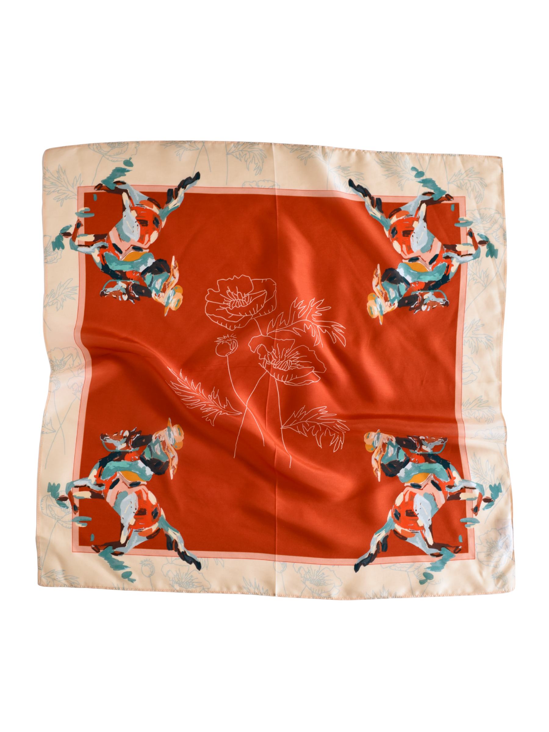 Silk scarf with horse and floral design on a white background
