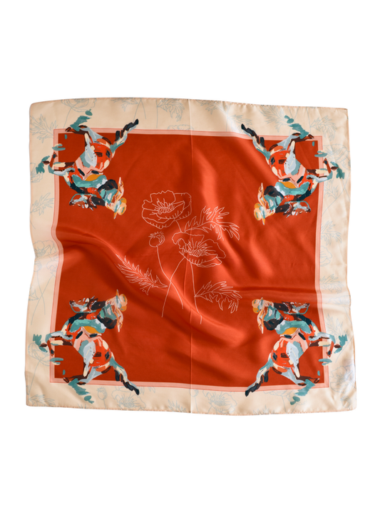 Silk scarf with horse and floral design on a white background