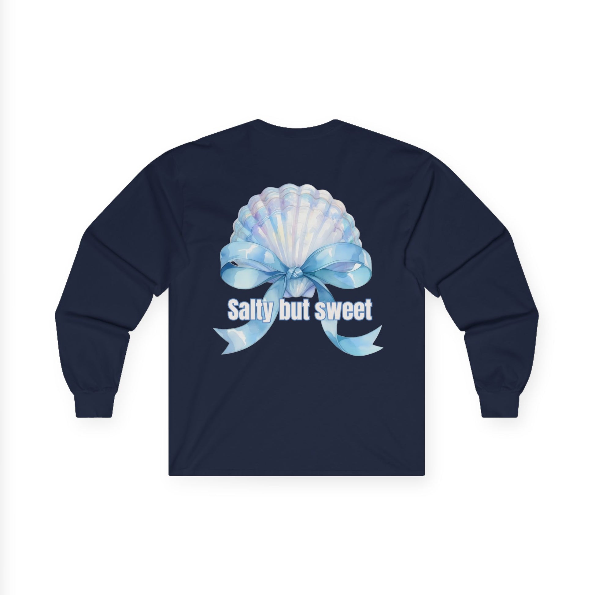 Navy blue long-sleeve shirt with a bow and shell design on the back, featuring the text 'Salty but sweet'.
