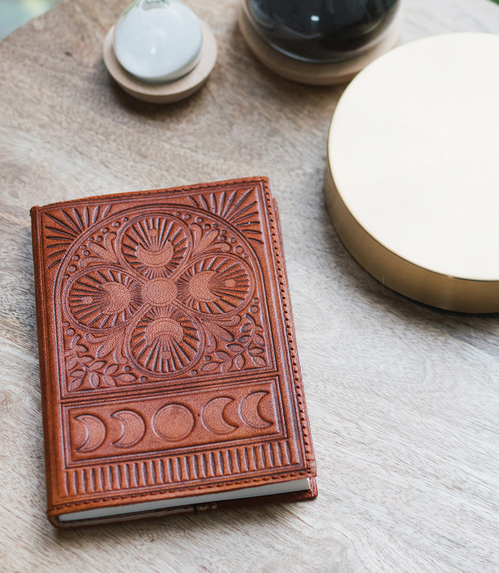 Embossed Brown Leather Moon Phase 5x7 Journal - Refillable - The Peony Haus