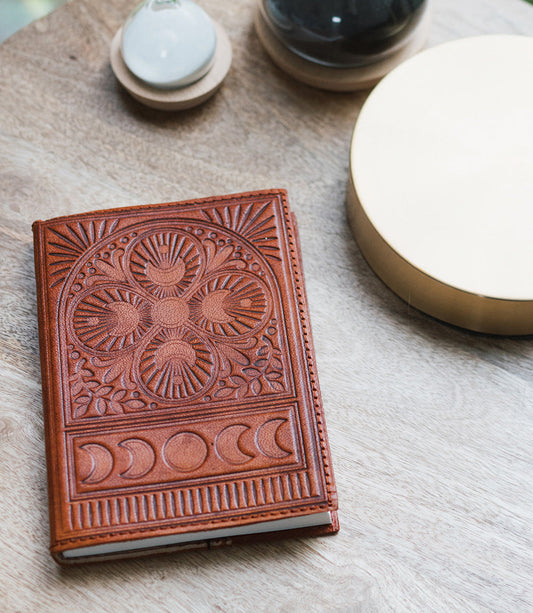Embossed Brown Leather Moon Phase 5x7 Journal - Refillable - The Peony Haus