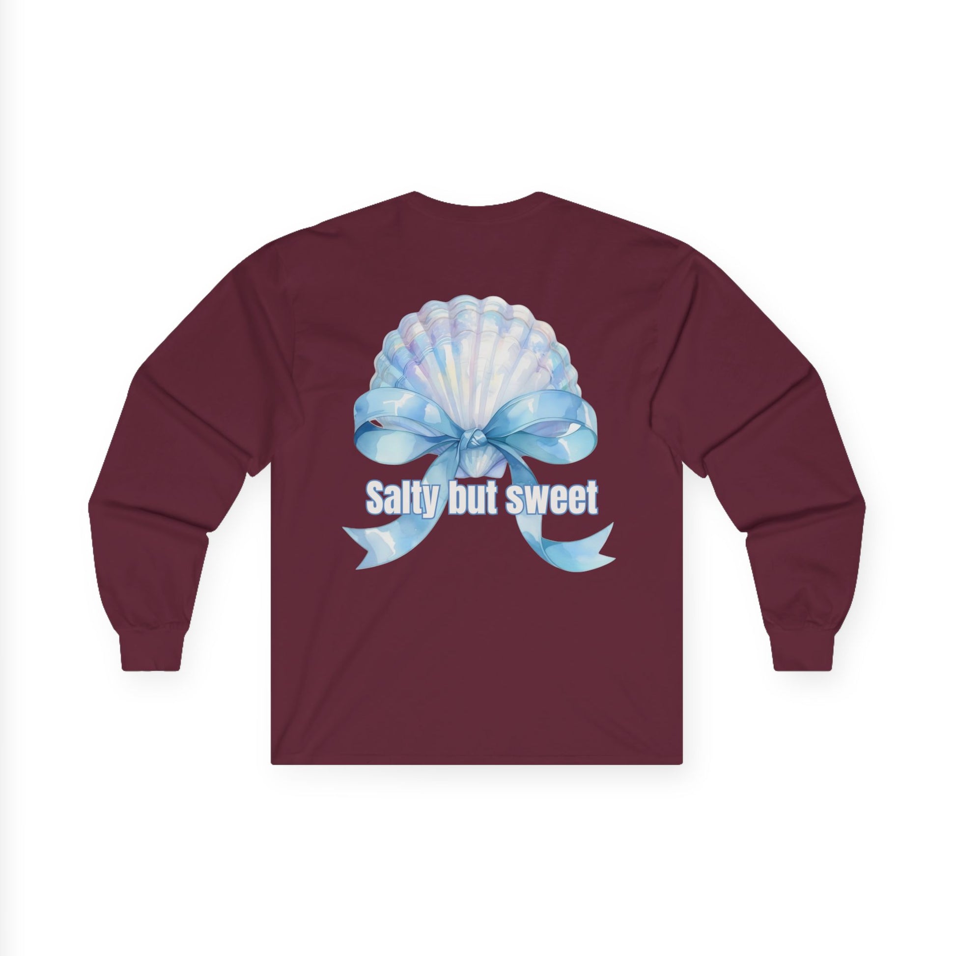 Maroon long-sleeve shirt with a blue bow graphic and 'Salty but sweet' text on a white background