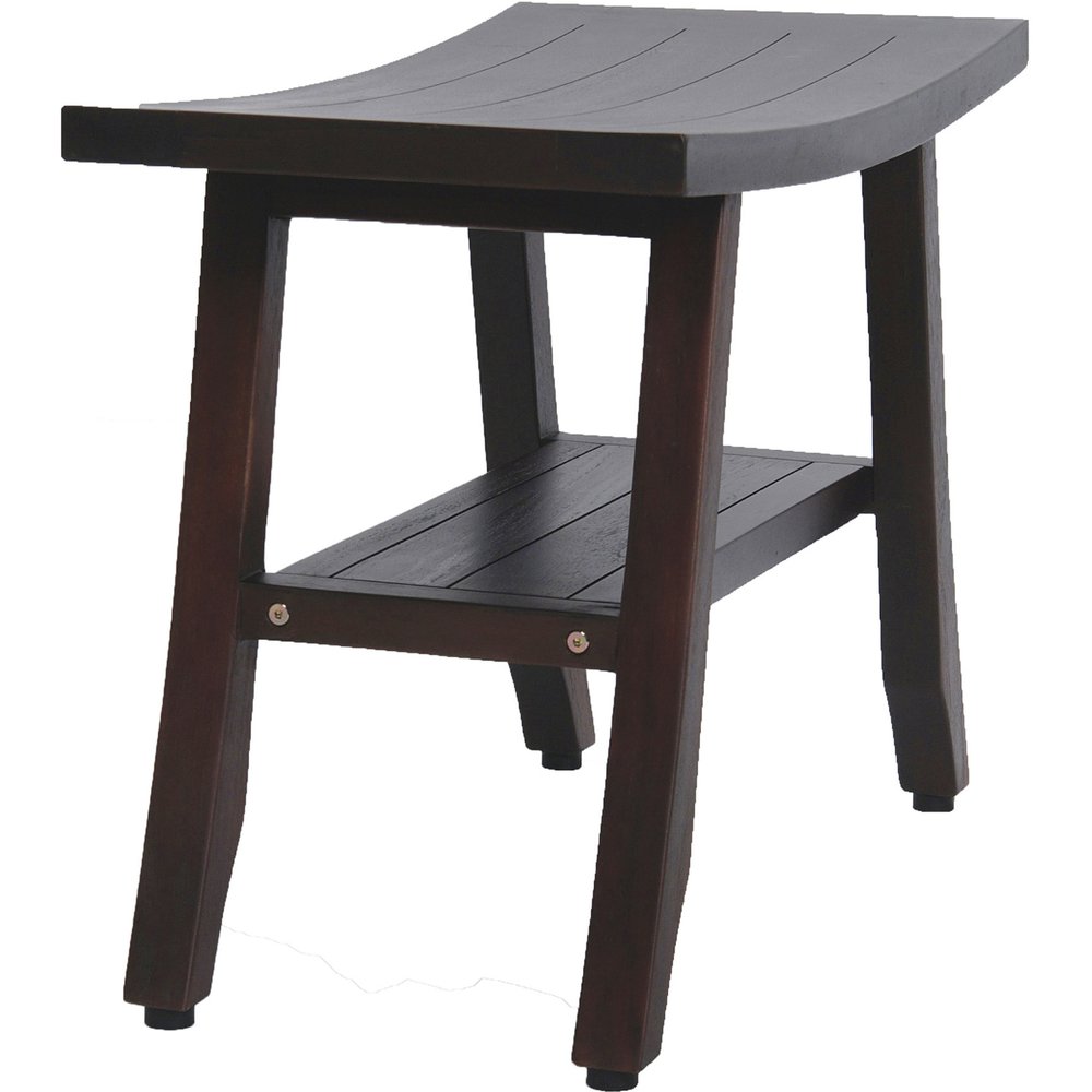 24" Dark Brown Teak Shower Bench With Shelf