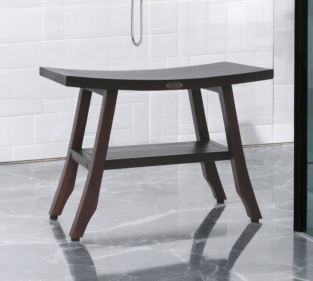 24" Dark Brown Teak Shower Bench With Shelf