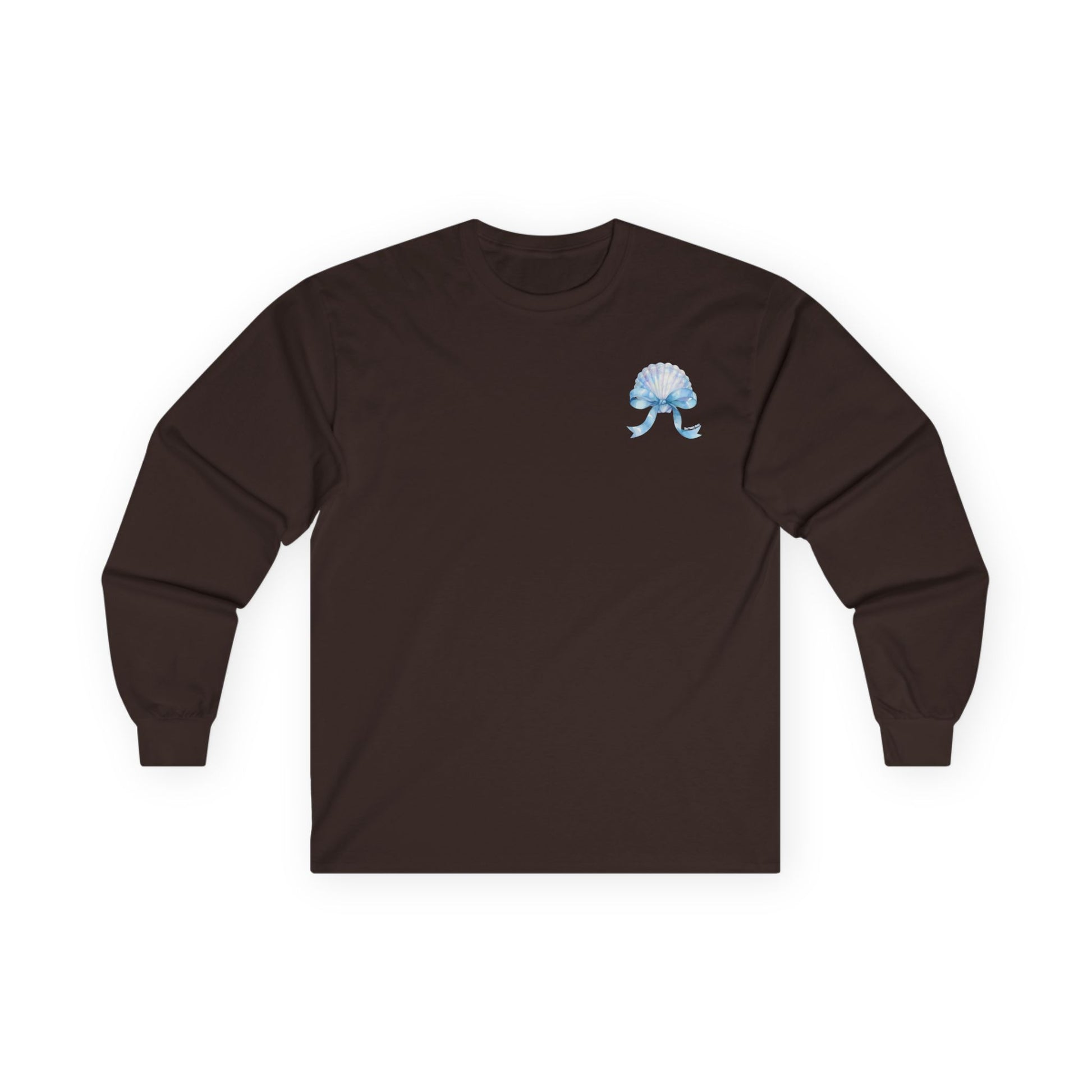 Brown long-sleeve shirt with a small blue graphic on a white background