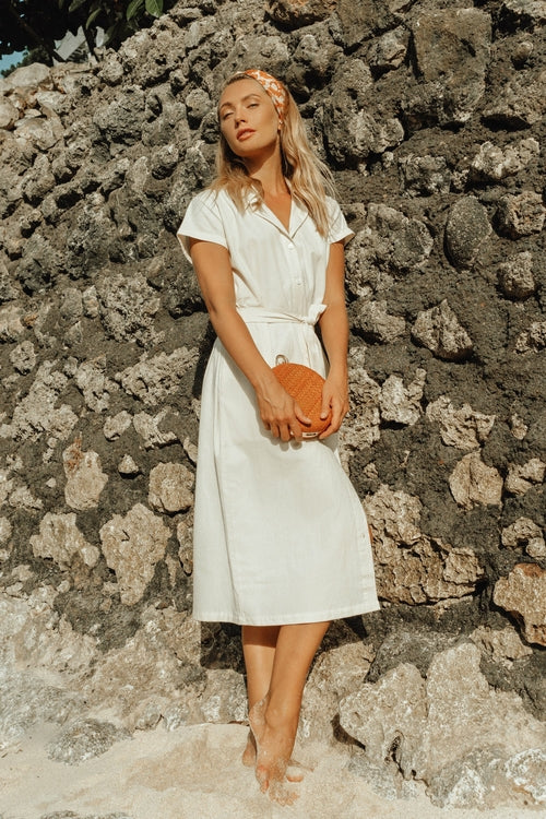 ARYA Safari Linen Midi Dress In Off White - The Peony Haus