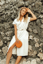 ARYA Safari Linen Midi Dress In Off White - The Peony Haus