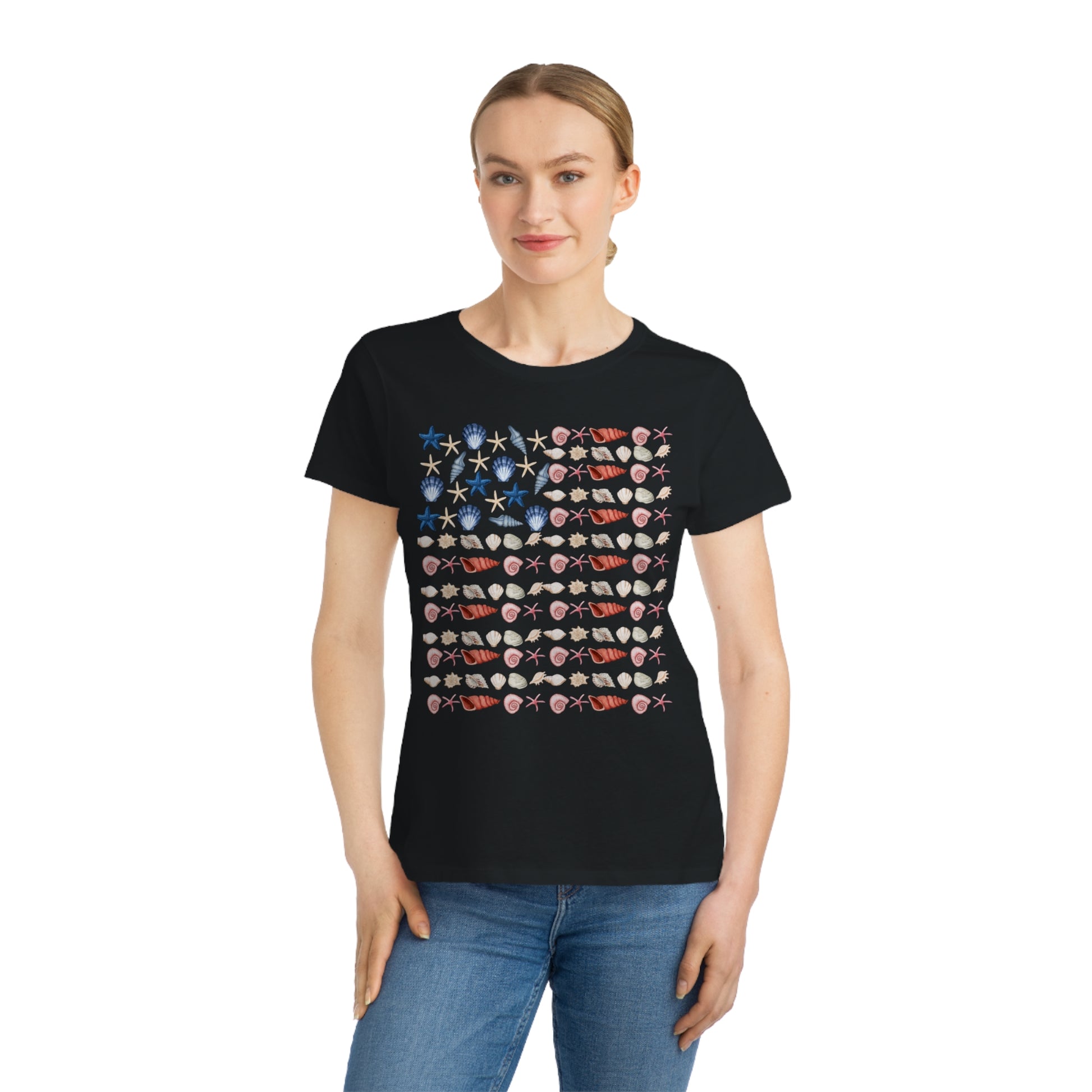Shell Flag Patriotic Organic Women's T-Shirt - Casual, Comfortable Tee for Independence Day, Summer Parties, or Everyday Wear - The Peony Haus