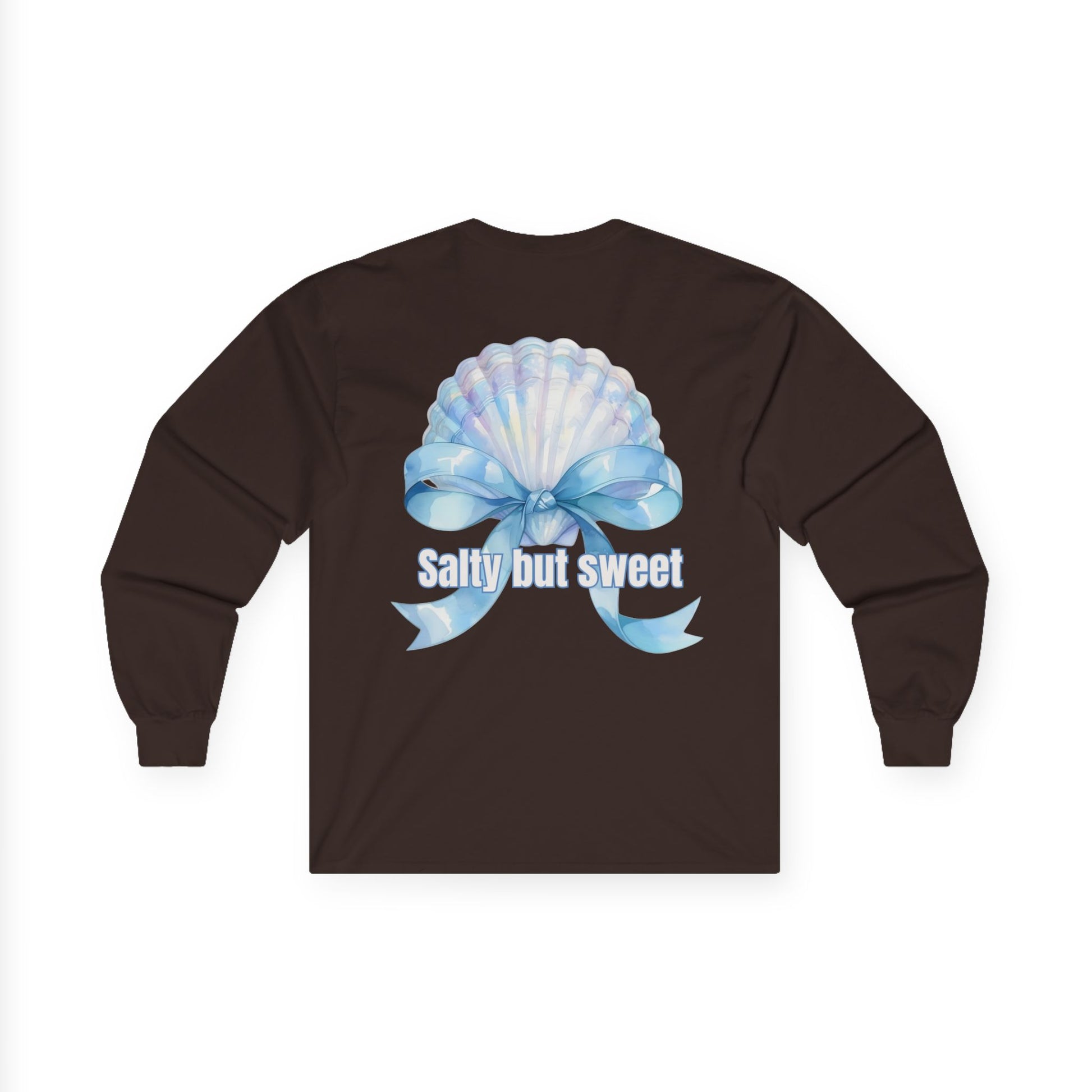 Brown long-sleeve shirt with a blue bow and 'Salty but sweet' text on a white background