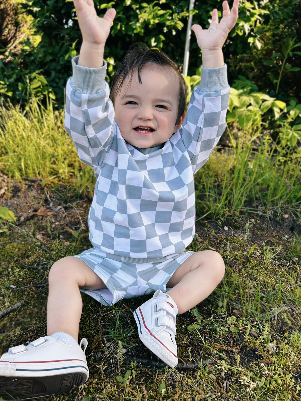 Organic Cotton Checkered Crewneck & Shorts Set - 95% Cotton