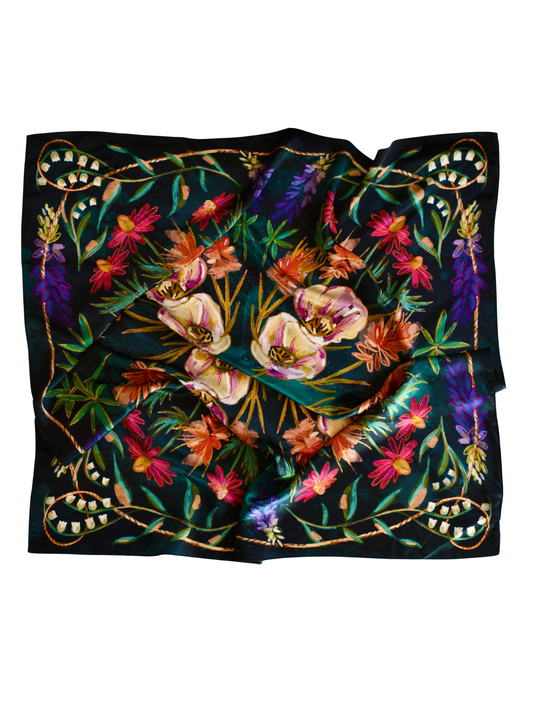 Large 100% Mulberry Silk 35x35: Vivid Wildflowers Western Cowgirl Wild Rag Scarf