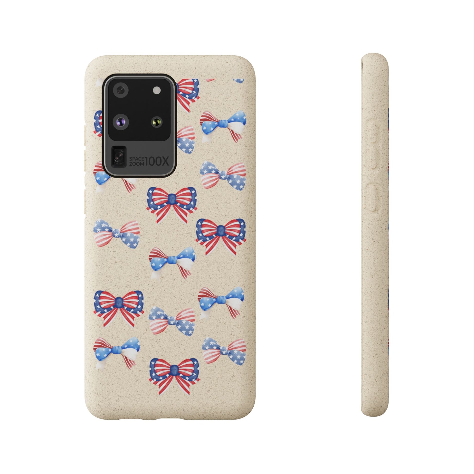 Red, White & Blue Bow Phone Case, Eco-Friendly Cell Phone Cover, Patriotic Biodegradable Case, USA Independence Day Gift, Summer Celebration - The Peony Haus