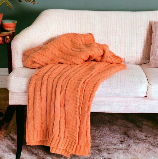 Orange Knitted 100% Cotton Throw Blanket - The Peony Haus