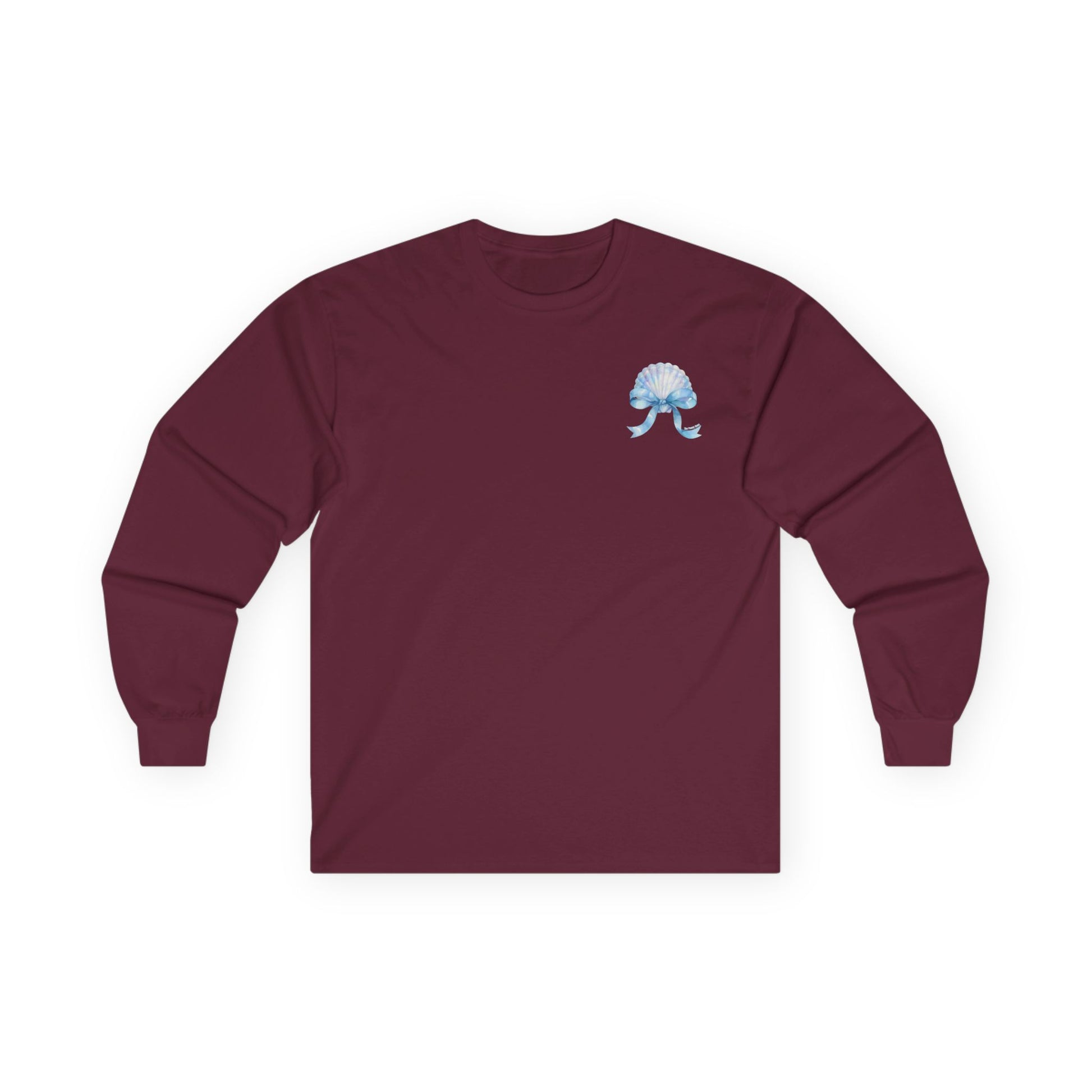 Maroon long-sleeve shirt with a small blue graphic on a white background