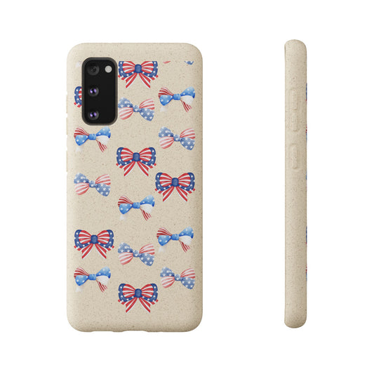 Red, White & Blue Bow Phone Case, Eco-Friendly Cell Phone Cover, Patriotic Biodegradable Case, USA Independence Day Gift, Summer Celebration - The Peony Haus