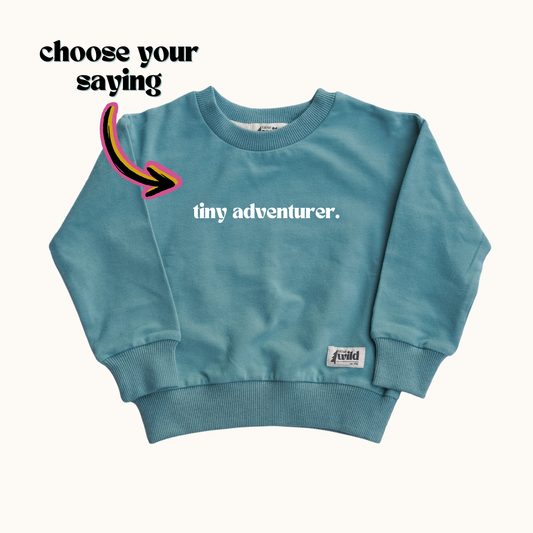 Kid's Organic Pullover in Teal, choose your adventure - 95% Cotton