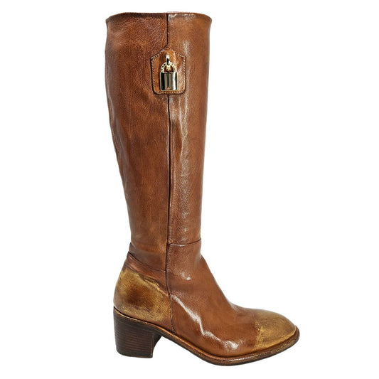 Tall Cognac Hand Rubbed Lock Boot