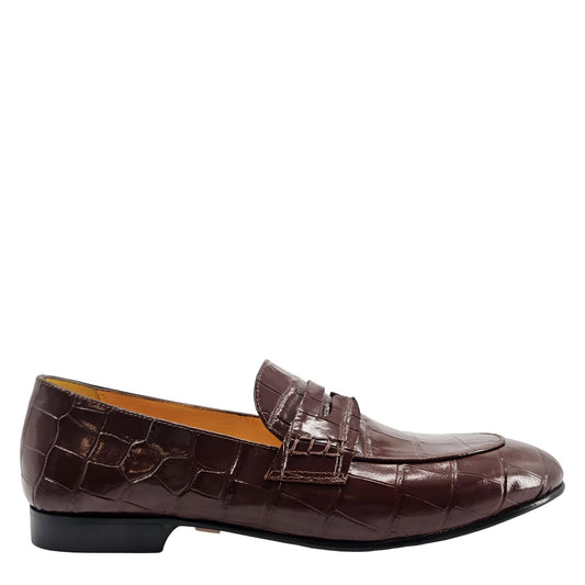 Chocolate Leather Flat Moc Croc Leather Loafer