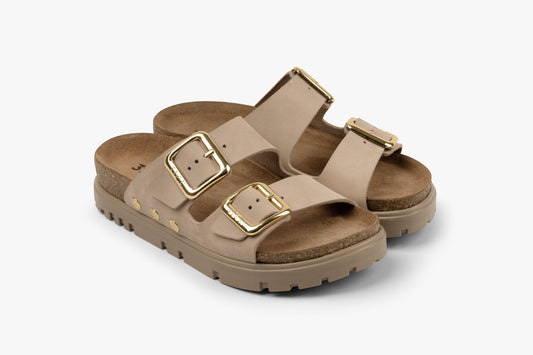 Portofino II by LEON- Women’s Leather Sandal – Double Strap Slide with Cork-style Footbed & Adjustable Buckle