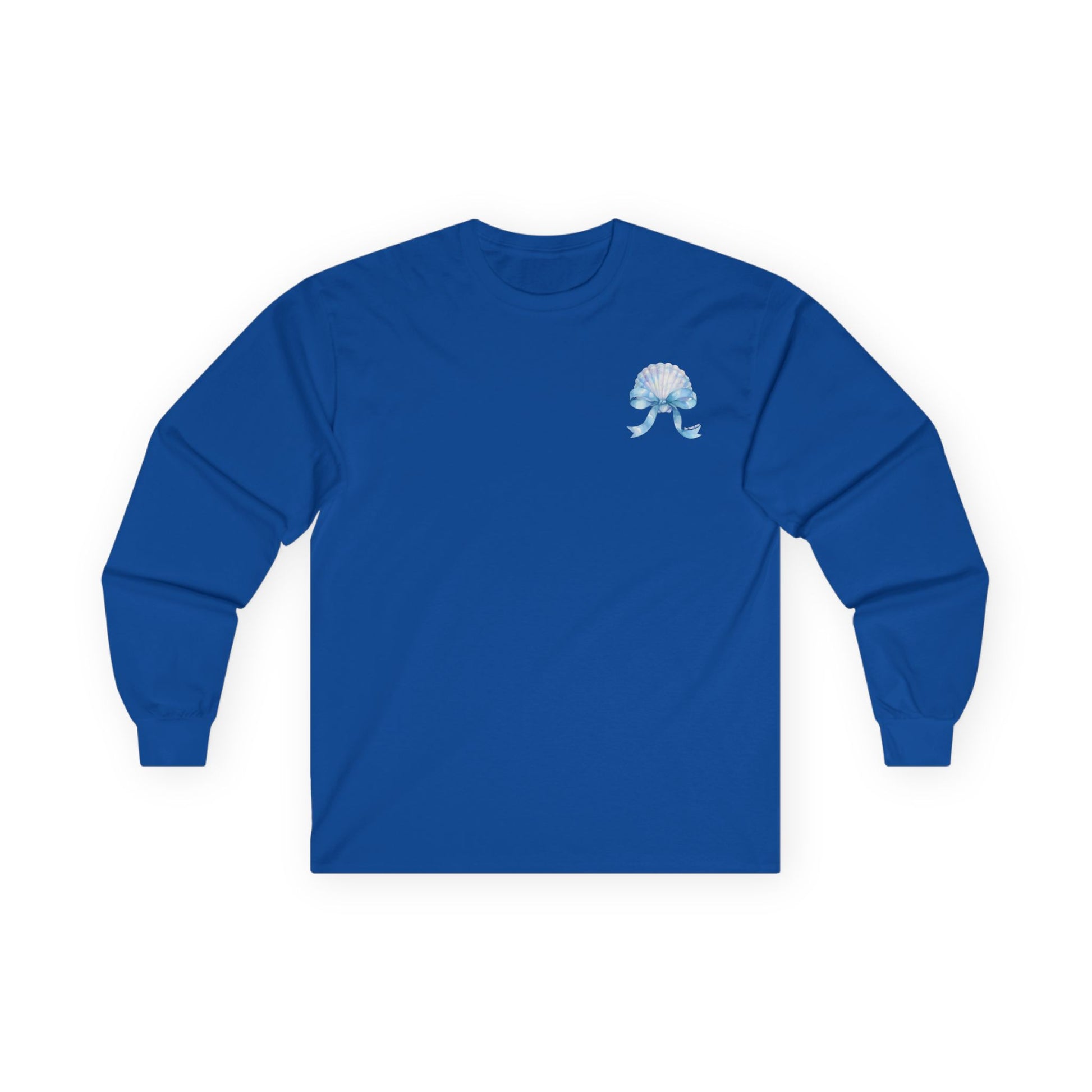 Blue long-sleeve shirt with a white logo on a white background