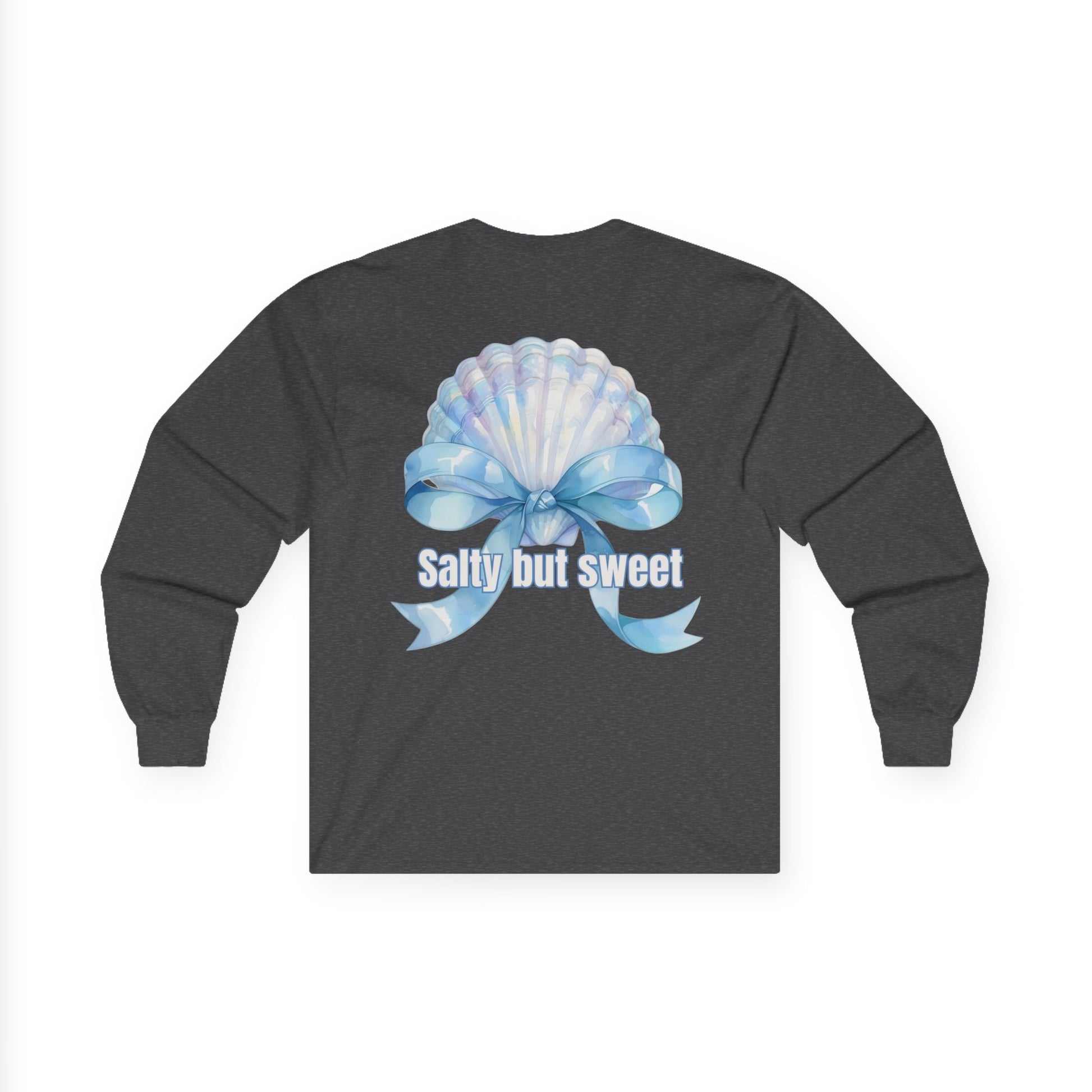 Black long-sleeve shirt with a blue bow and shell design on the back, featuring the text 'Salty but sweet'.