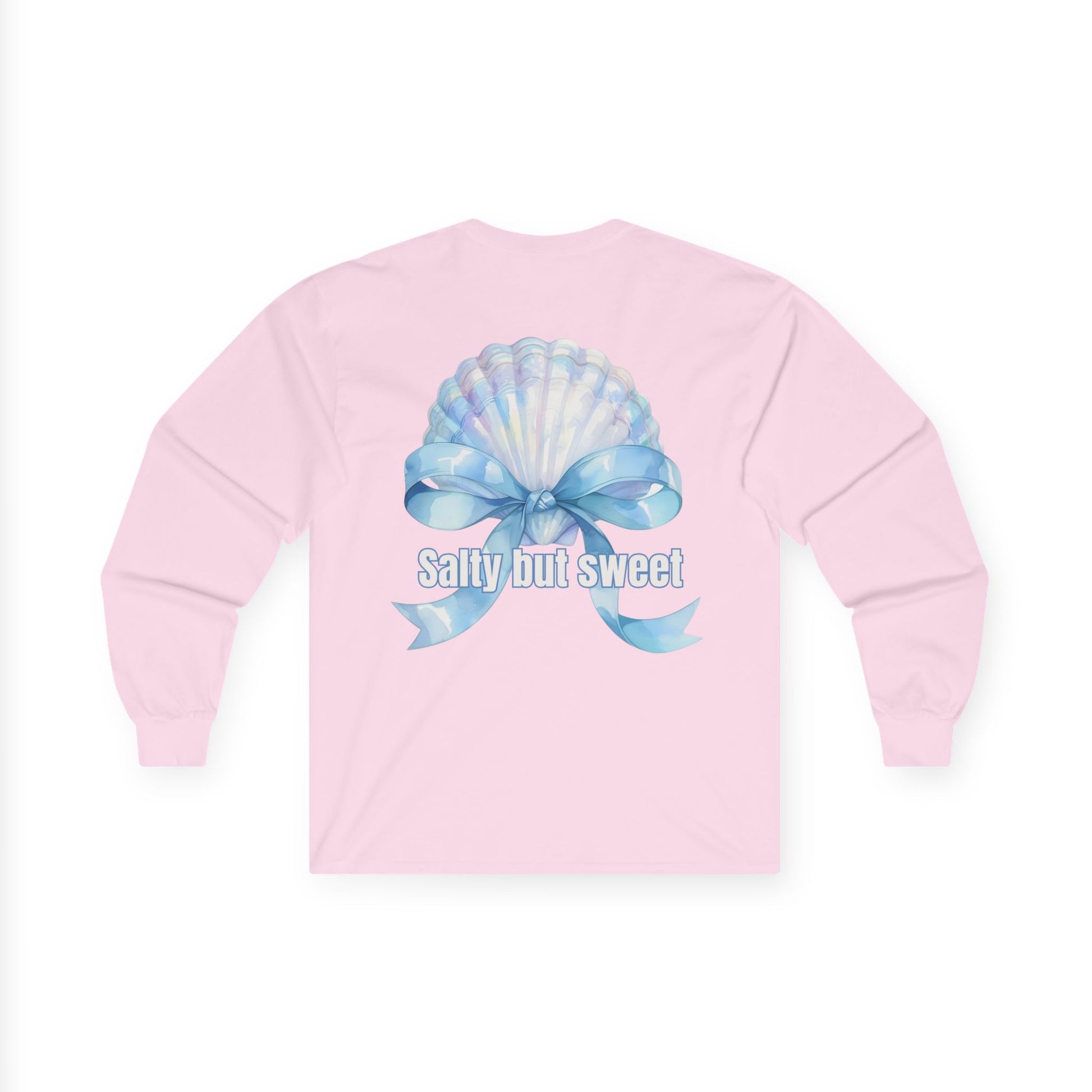Pink long-sleeve shirt with a blue bow graphic and 'Sally but sweet' text on a white background
