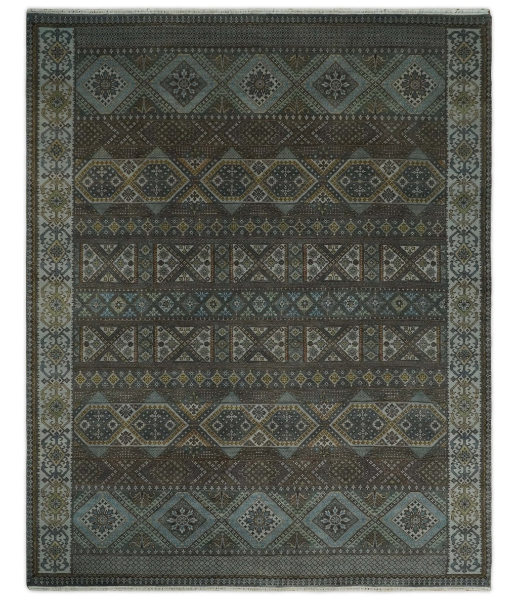 8x10 Fine Hand Knotted Brown and Blue Southwestern Traditional Antique Area Rug | AGR41