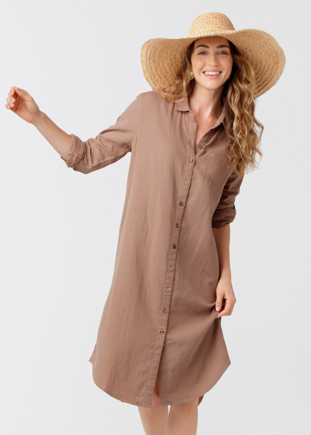 Sand Gauze Button Down Shirt Dress