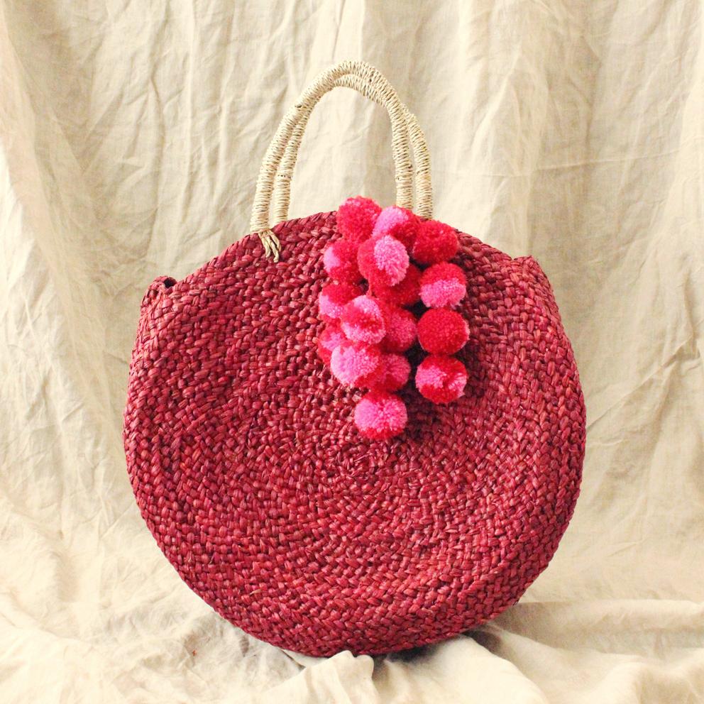 Red Luna Bag - Round Handwoven Straw Tote Bag with - The Peony Haus