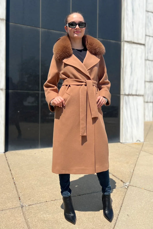 Genuine Polar Fox Tailored Cashmere Wool Coat