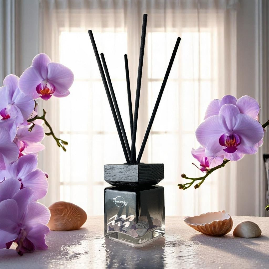 Aquarius Zodiac Crystal-Enhanced Reed Oil Diffuser, Orchid Seascape Scent, 100ml