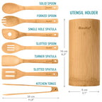 Bamboo Kitchen Utensils Set 8-Pack - Wooden Cooking Utensils for Nonstick Cookware - Wooden Cooking Spoons, Spatulas, Turner, Tongs, Utensil Holder