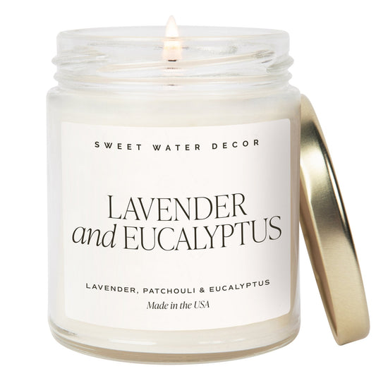 Lavender and Eucalyptus Soy Candle - Clear Jar - 9 oz (Self Care Calm and Comfort)