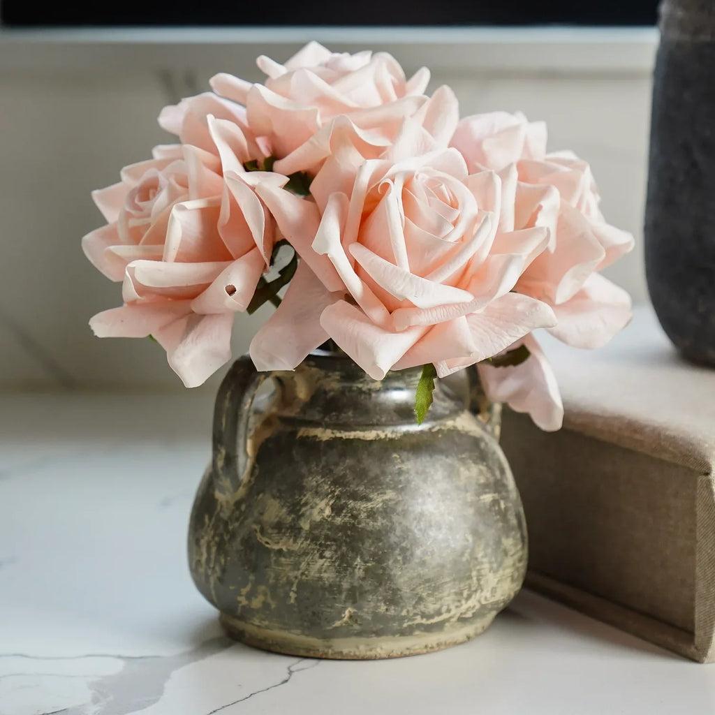 Antiqued Distressed Small Olive Cement Vase with Handles