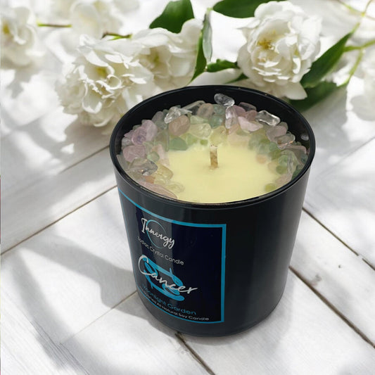 Cancer Zodiac Crystal Candle with Green Fluorite, Rose, and Crystal Quartz | Coconut-Soy Wax Candle, 9oz