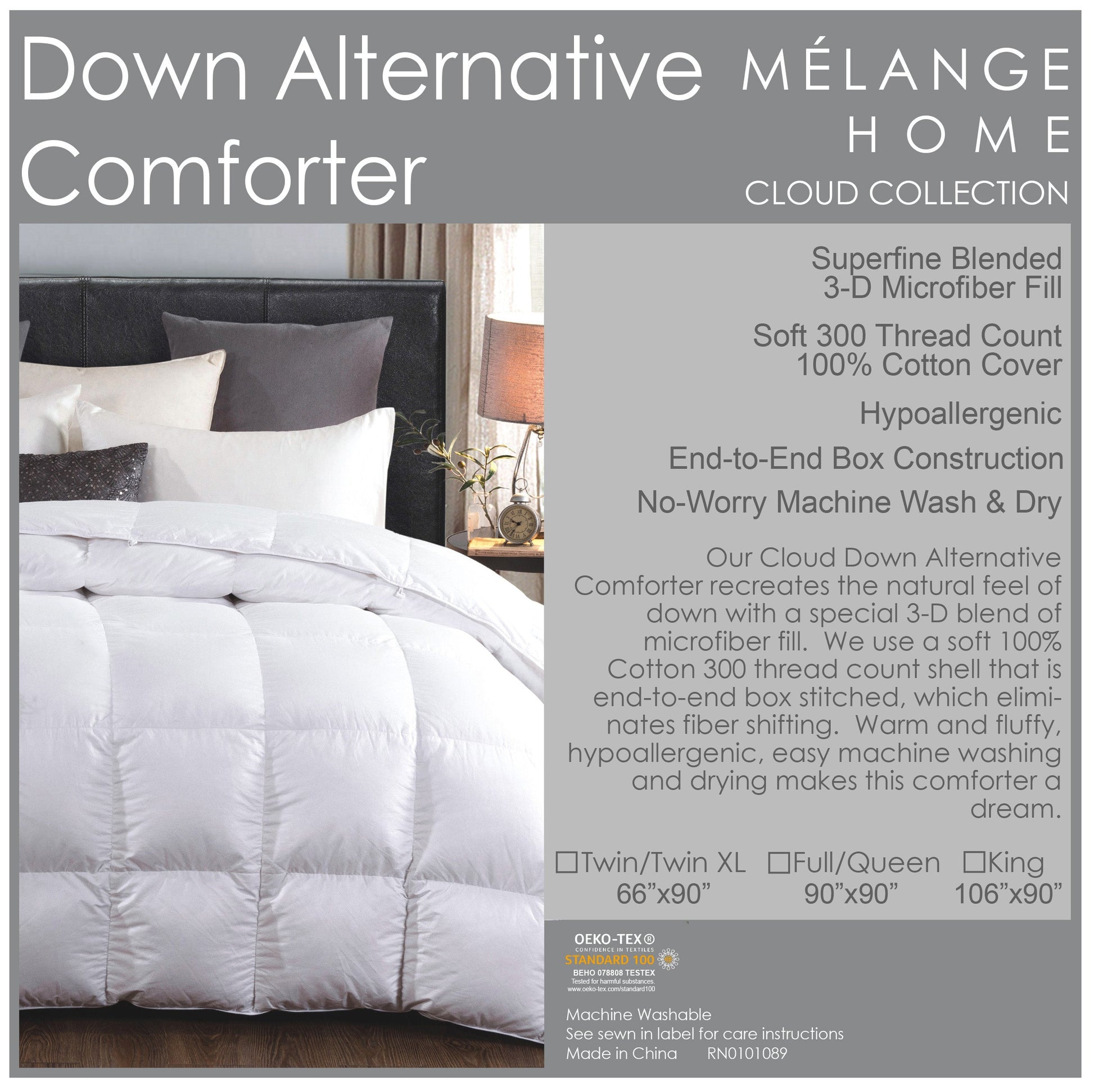 White comforter on a bed with product details on a gray background