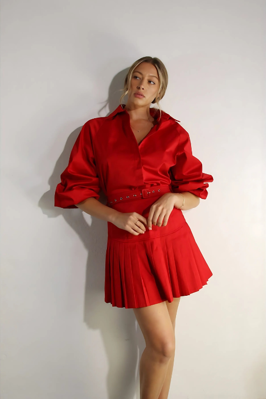 Crimson Two-Piece Set: Pleated Top & Tapered Skirt | Statement Style